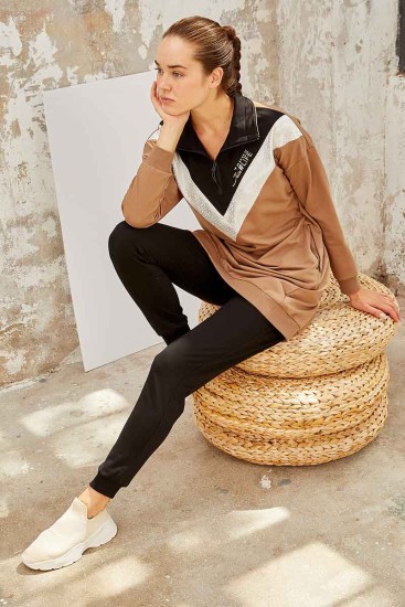 Tommy Life Graphics Embroidered Earthlike-Black Women's Tunic Tracksuit - Thumbnail