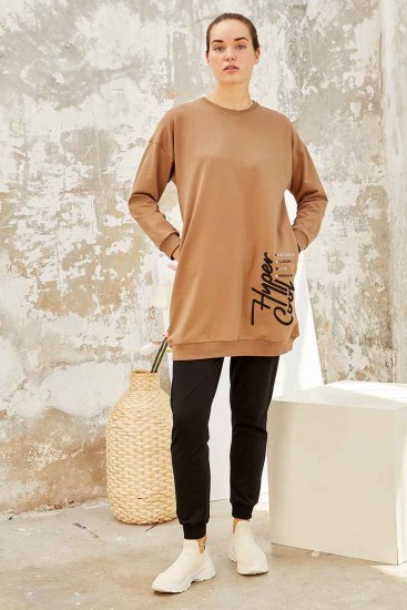 Tommy Life Embroidered Round Neck Earthlike-Black Women's Tunic Tracksuit - Thumbnail