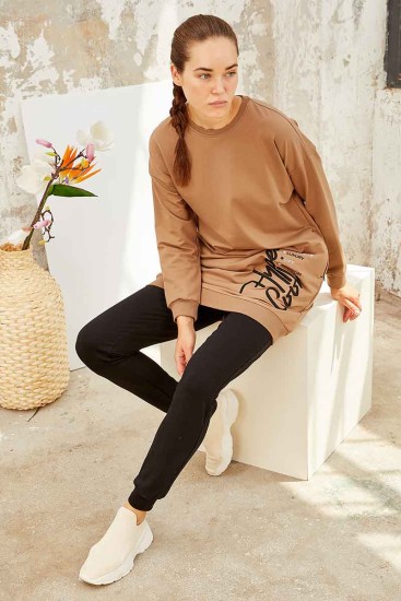 Tommy Life Embroidered Round Neck Earthlike-Black Women's Tunic Tracksuit - Thumbnail