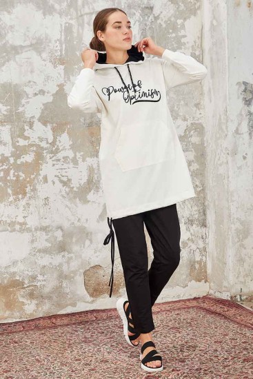 Tommy Life Kangaroo Pocket Hooded Ecru-Earthlike Women's Tunic Tracksuit - Thumbnail