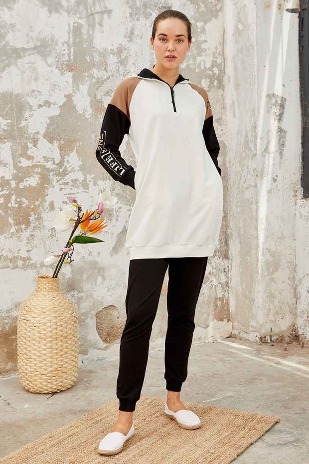 Tommy Life Life Is One Printed Hooded Ecru-Earthlike Women's Tunic Tracksuit