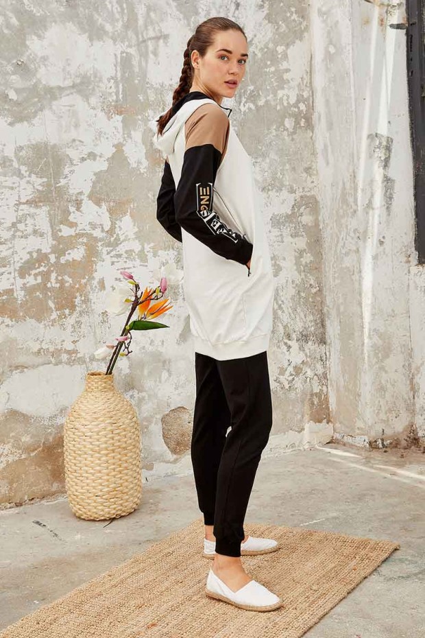 Tommy Life Life Is One Printed Hooded Ecru-Earthlike Women's Tunic Tracksuit