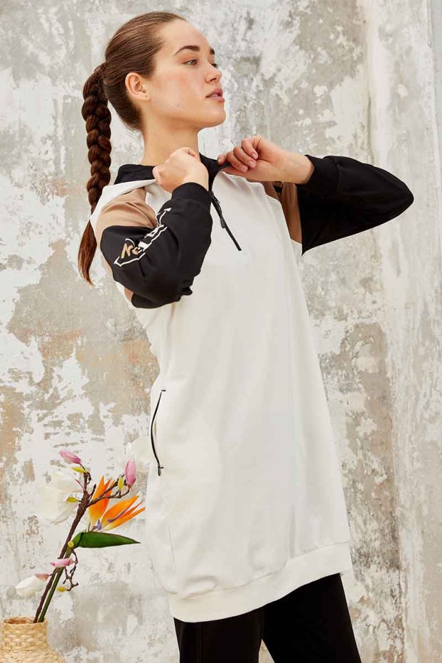 Tommy Life Life Is One Printed Hooded Ecru-Earthlike Women's Tunic Tracksuit