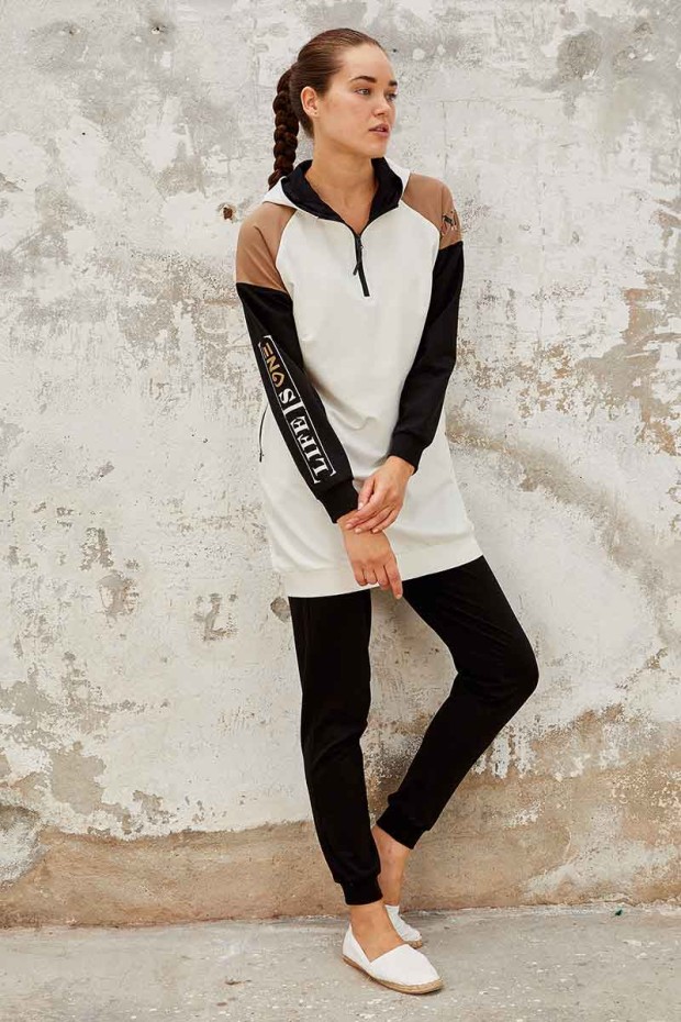 Tommy Life Life Is One Printed Hooded Ecru-Earthlike Women's Tunic Tracksuit
