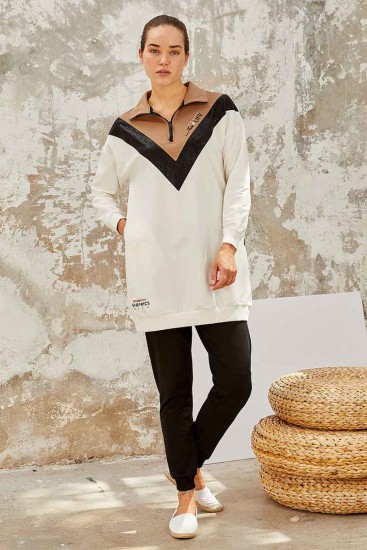 Tommy Life Graphics Embroidered Ecru-Earthlike Women's Tunic Tracksuit - Thumbnail