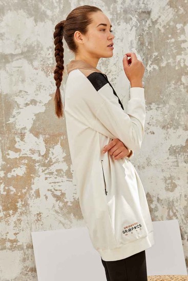Tommy Life Graphics Embroidered Ecru-Earthlike Women's Tunic Tracksuit - Thumbnail