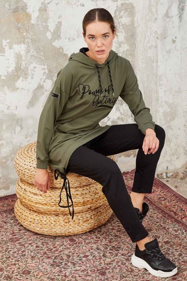 Tommy Life Kangaroo Pocket Hooded Khaki-Black Women's Tunic Tracksuit - Thumbnail