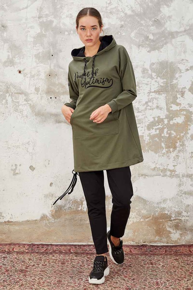 Tommy Life Kangaroo Pocket Hooded Khaki-Black Women's Tunic Tracksuit