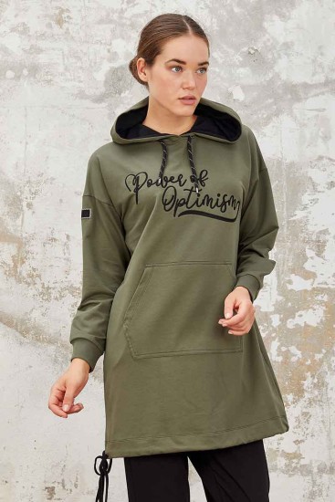 Tommy Life Kangaroo Pocket Hooded Khaki-Black Women's Tunic Tracksuit - Thumbnail