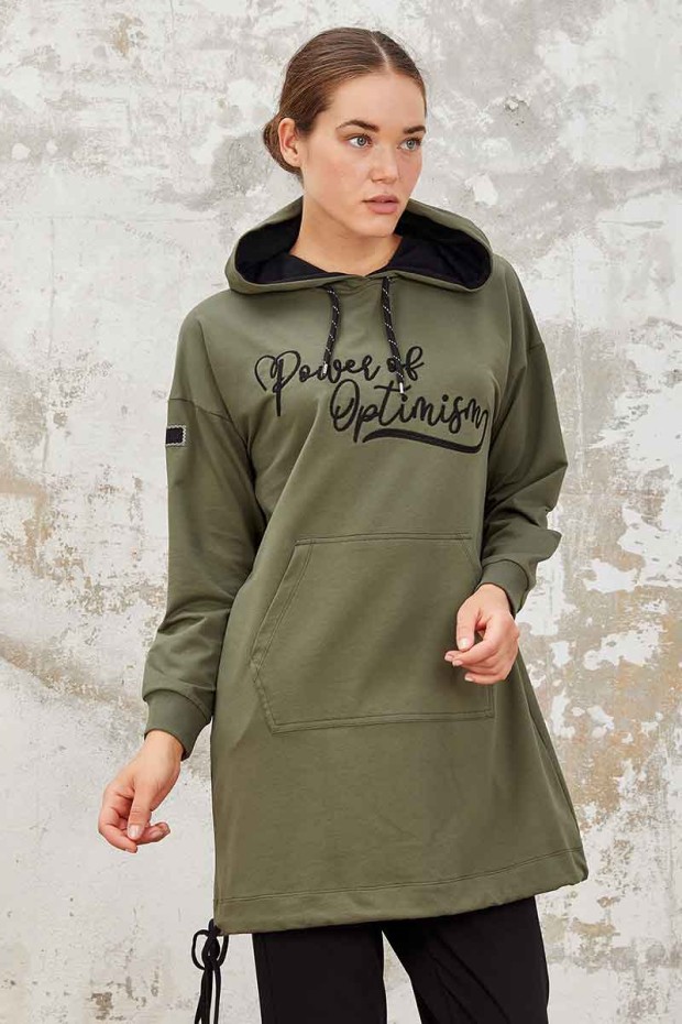 Tommy Life Kangaroo Pocket Hooded Khaki-Black Women's Tunic Tracksuit