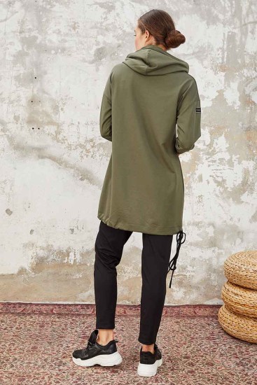 Tommy Life Kangaroo Pocket Hooded Khaki-Black Women's Tunic Tracksuit - Thumbnail