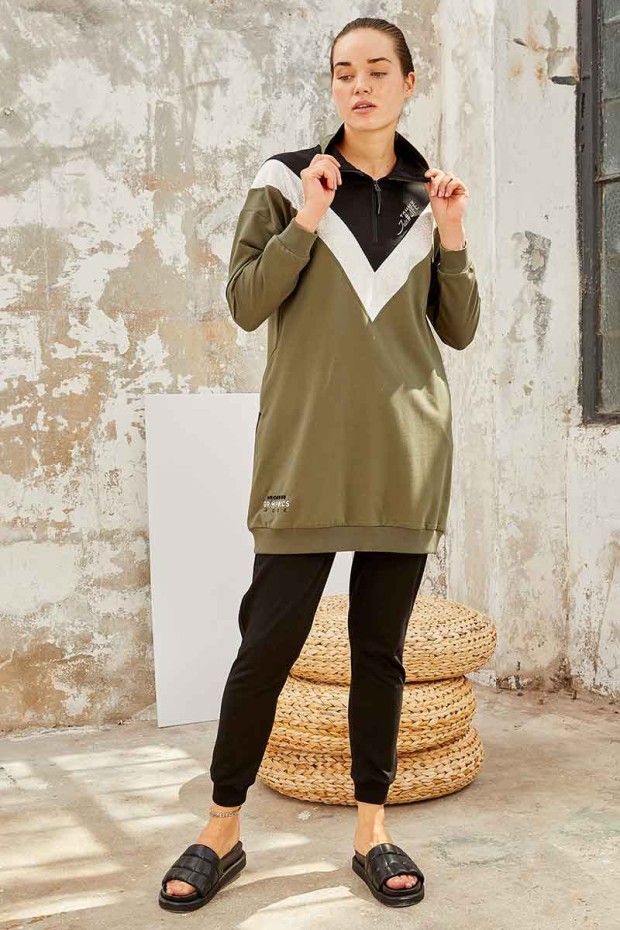 Tommy Life Graphics Embroidered Khaki-Black Women's Tunic Tracksuit