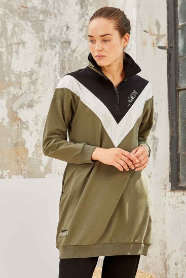 Tommy Life Graphics Embroidered Khaki-Black Women's Tunic Tracksuit - Thumbnail