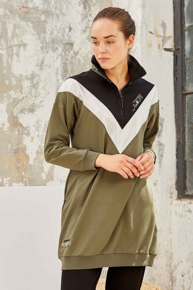 Tommy Life Graphics Embroidered Khaki-Black Women's Tunic Tracksuit