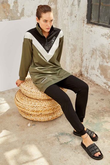 Tommy Life Graphics Embroidered Khaki-Black Women's Tunic Tracksuit - Thumbnail