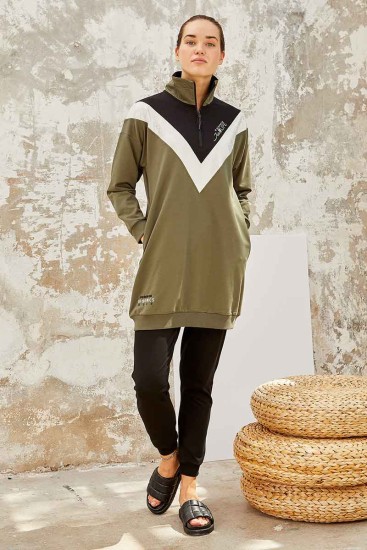 Tommy Life Graphics Embroidered Khaki-Black Women's Tunic Tracksuit - Thumbnail