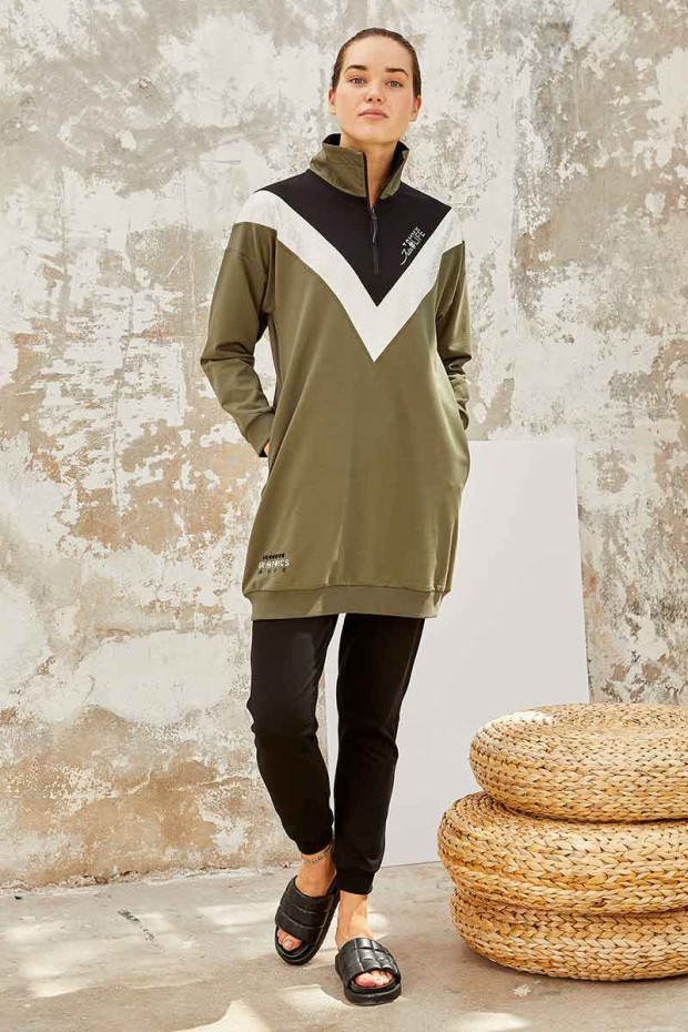 Tommy Life Graphics Embroidered Khaki-Black Women's Tunic Tracksuit