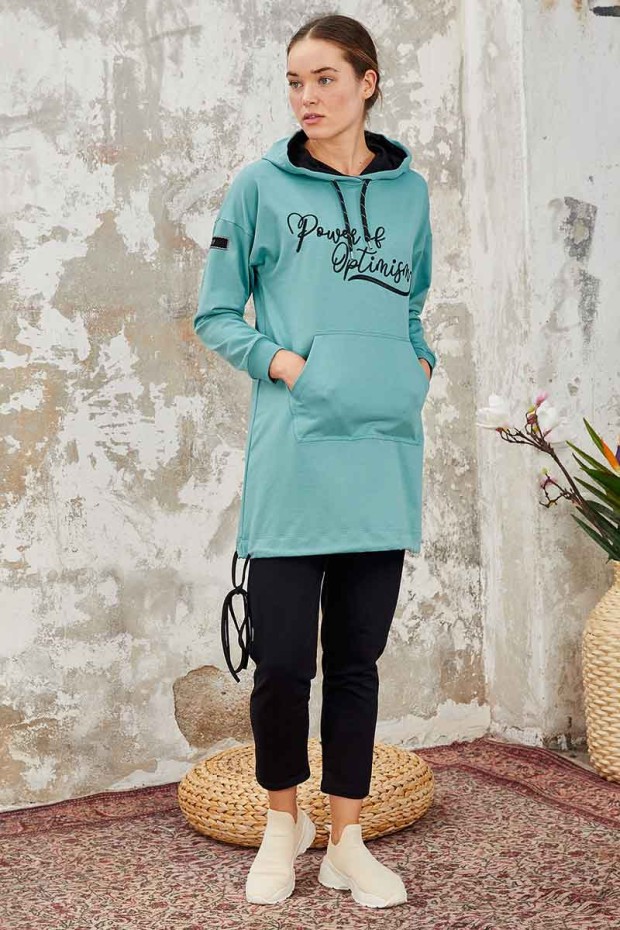 Tommy Life Kangaroo Pocket Hooded Mint Green-Navy Blue Women's Tunic Tracksuit