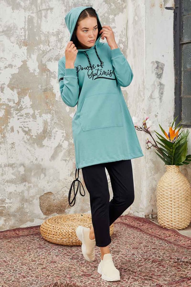 Tommy Life Kangaroo Pocket Hooded Mint Green-Navy Blue Women's Tunic Tracksuit