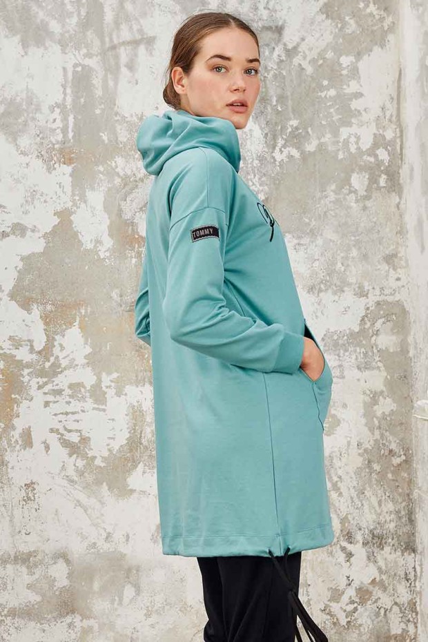 Tommy Life Kangaroo Pocket Hooded Mint Green-Navy Blue Women's Tunic Tracksuit