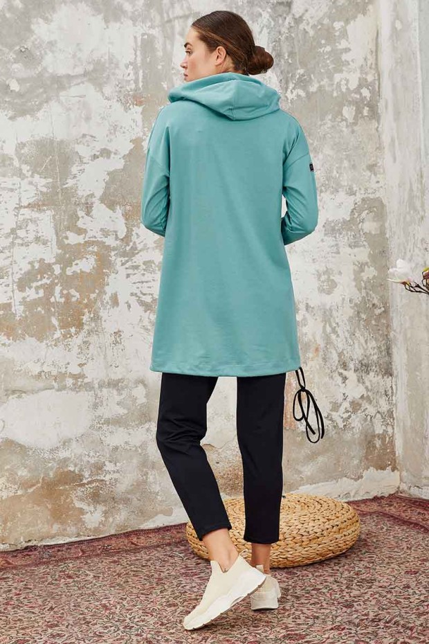 Tommy Life Kangaroo Pocket Hooded Mint Green-Navy Blue Women's Tunic Tracksuit