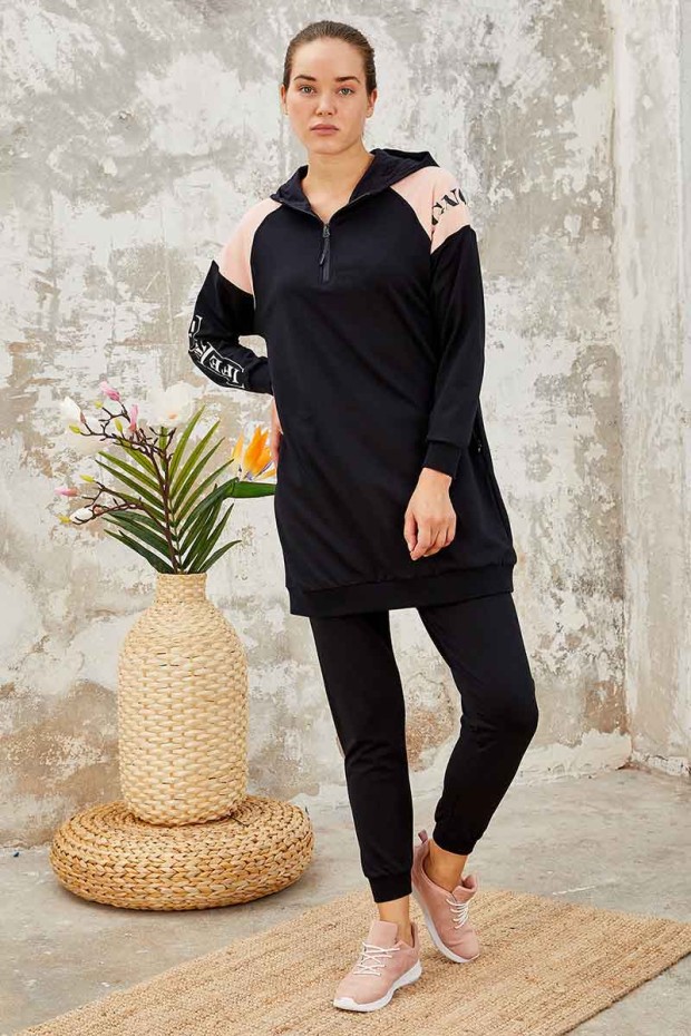 Tommy Life Life Is One Printed Hooded Navy Blue Women's Tunic Tracksuit