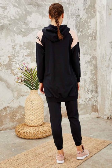 Tommy Life Life Is One Printed Hooded Navy Blue Women's Tunic Tracksuit - Thumbnail