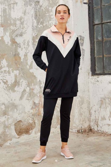 Tommy Life Graphics Embroidered Navy Blue Women's Tunic Tracksuit - Thumbnail