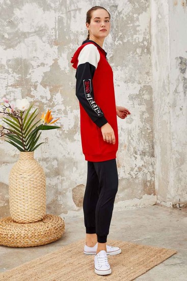 Tommy Life Life Is One Printed Hooded Navy Blue-Red Women's Tunic Tracksuit - Thumbnail