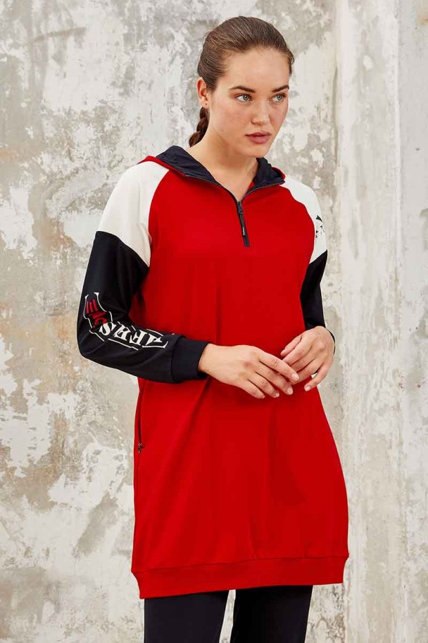 Tommy Life Life Is One Printed Hooded Navy Blue-Red Women's Tunic Tracksuit