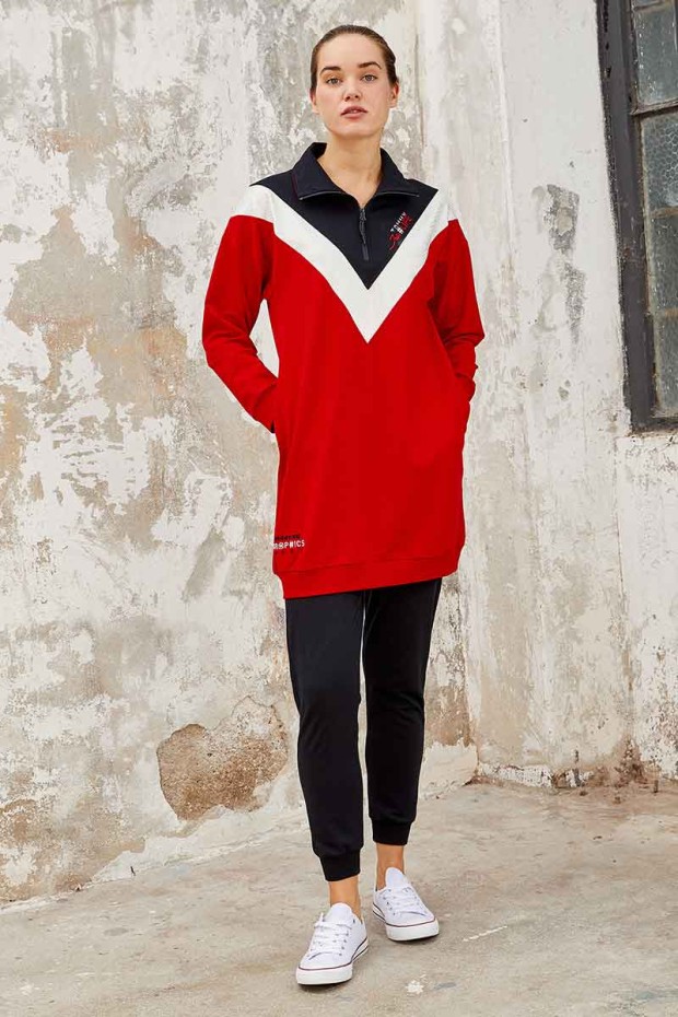 Tommy Life Graphics Embroidered Navy Blue-Red Women's Tunic Tracksuit