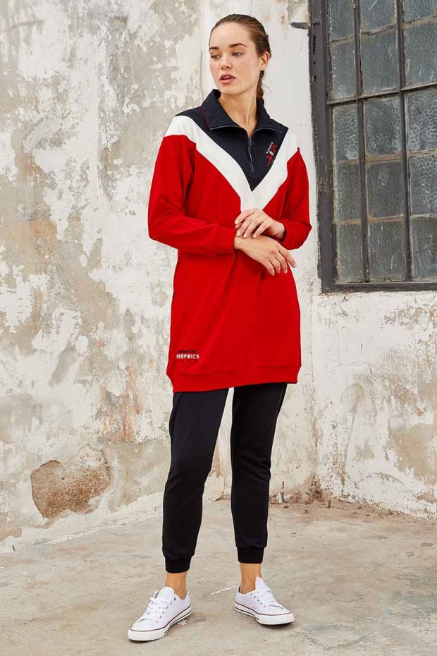 Tommy Life Graphics Embroidered Navy Blue-Red Women's Tunic Tracksuit