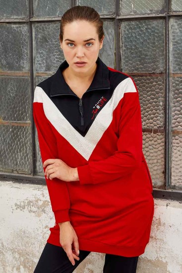 Tommy Life Graphics Embroidered Navy Blue-Red Women's Tunic Tracksuit - Thumbnail
