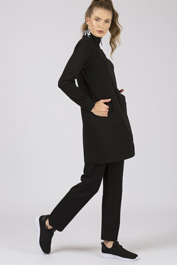 Tommy Life Printed Collar Black Women's Tunic Tracksuits