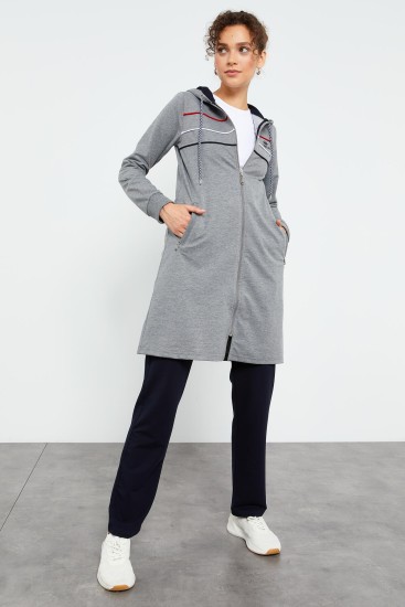 Tommy Life Striped Hooded Grey Melange-Navy Blue Women's Tunic Tracksuits 