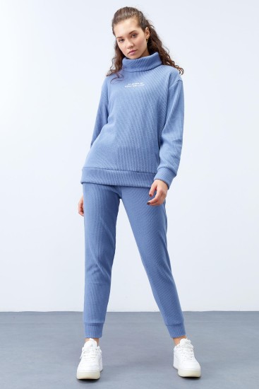 Women's Turtlenecked Text Detailed Jogger Blue Tracksuit - 95274 