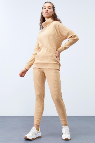Women's Turtlenecked Text Detailed Jogger Camel Tracksuit - 95274 