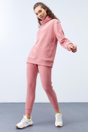 Women's Turtlenecked Text Detailed Jogger Powder Tracksuit - 95274 