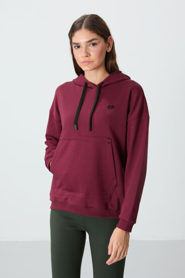 Erguvan Kompakt Pamuklu Kalın Pürüzsüz Dokulu Kapüşonlu Oversize Fit Kadın Sweatshirt - 97291 