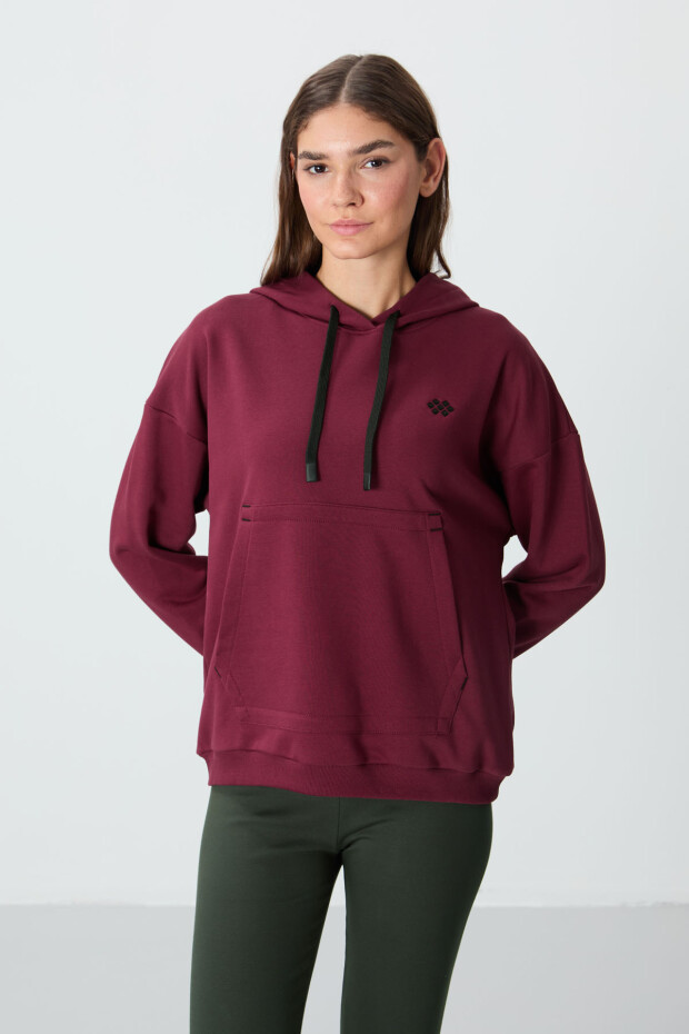 Erguvan Kompakt Pamuklu Kalın Pürüzsüz Dokulu Kapüşonlu Oversize Fit Kadın Sweatshirt - 97291