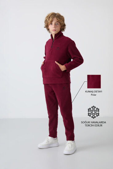 Erguvan Kalın Yumuşak Dokulu Standart Fit Nakışlı Polar Erkek Çocuk Eşofman Takım - 11218 