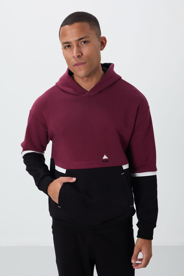 Erguvan Pamuklu Kalın İçi Tüylü Yumuşak Dokulu Comfort Fit Nakışlı Erkek Sweatshirt - 88417