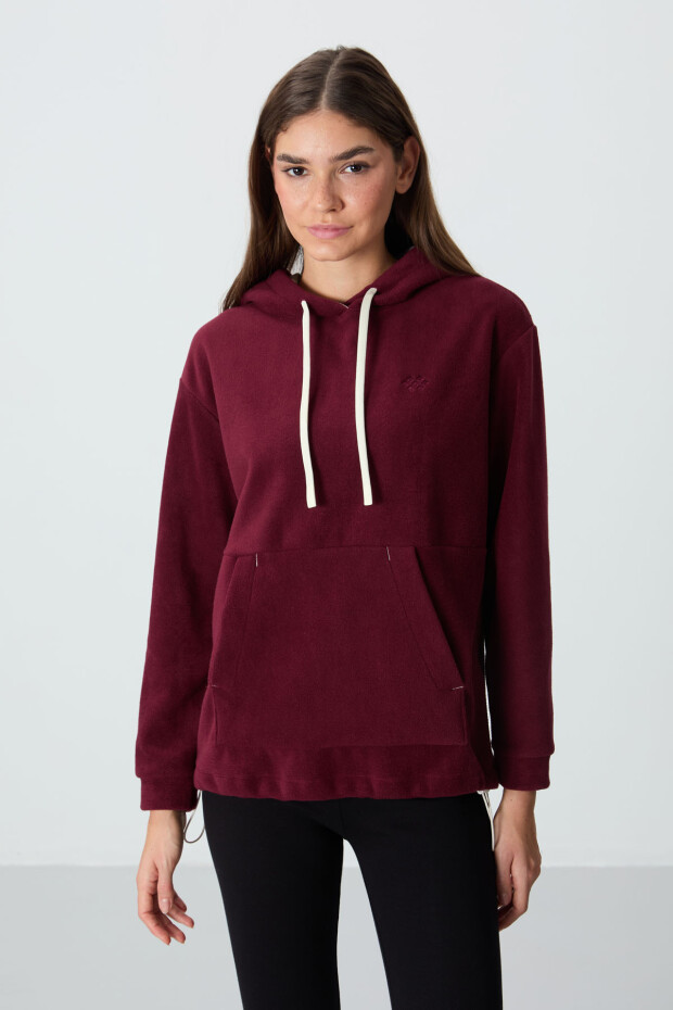 Erguvan Kalın Yumuşak Dokulu Kapüşonlu Rahat Form Nakışlı Polar Kadın Sweatshirt - 97292 - 4