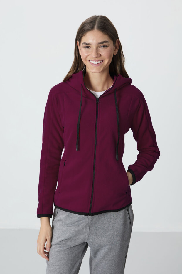 Erguvan Kalın Yumuşak Dokulu Kapüşonlu Standart Fit Nakışlı Polar Kadın Sweatshirt -97287 - 1