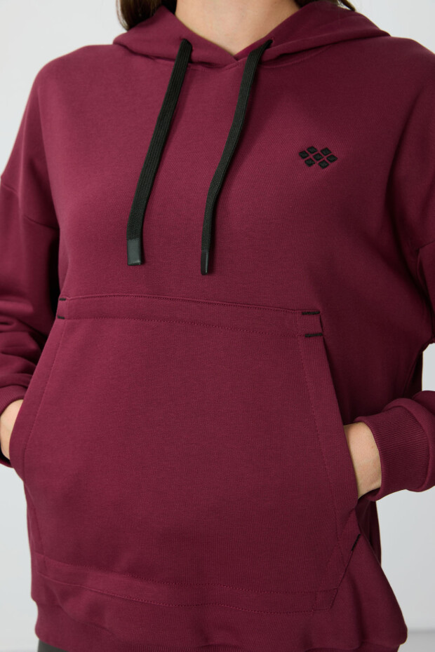 Erguvan Kompakt Pamuklu Kalın Pürüzsüz Dokulu Kapüşonlu Rahat Form Fit Kadın Sweatshirt - 97291 - 4