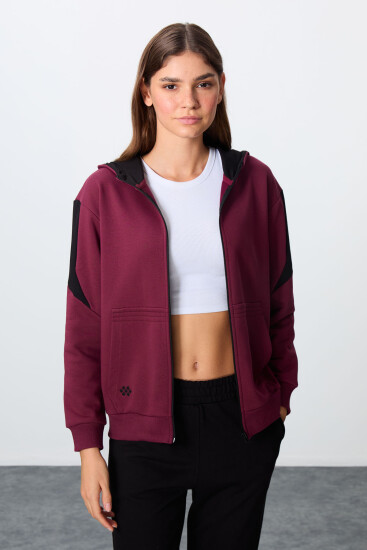 Erguvan-Siyah Pamuklu Kalın Kapüşonlu Oversize Fit Kadın Eşofman Takım - 95343 - TOMMYLIFE (1)