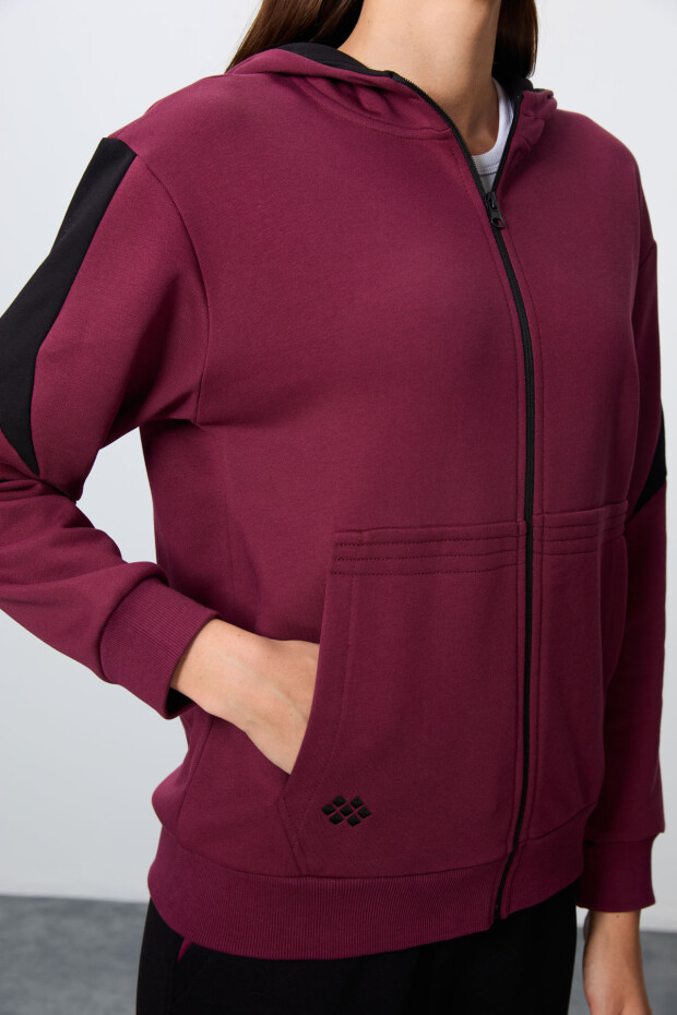 Erguvan-Siyah Pamuklu Kalın Kapüşonlu Oversize Fit Kadın Eşofman Takım - 95343 - 4