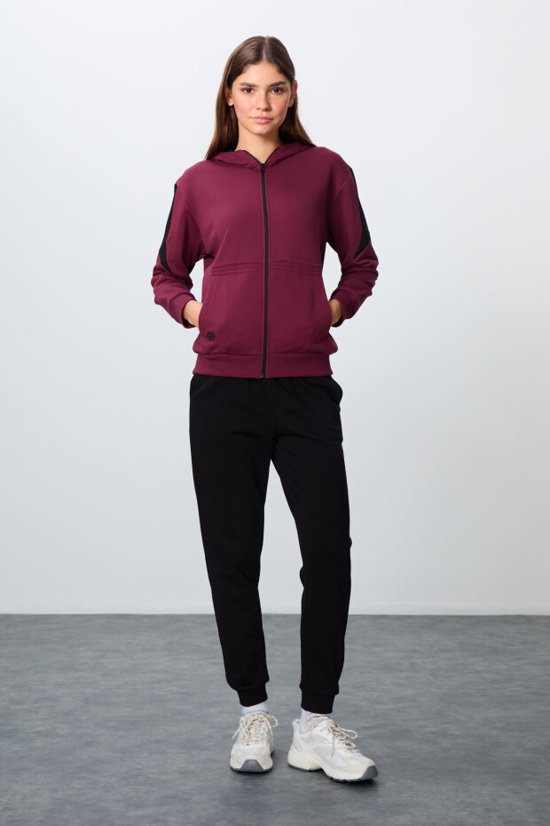 Erguvan-Siyah Pamuklu Kalın Kapüşonlu Oversize Fit Kadın Eşofman Takım - 95343 - 5