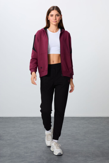 Erguvan-Siyah Pamuklu Kalın Kapüşonlu Oversize Fit Kadın Eşofman Takım - 95343 
