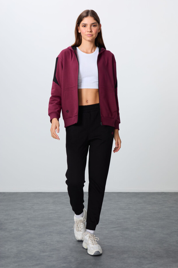 Erguvan-Siyah Pamuklu Kalın Kapüşonlu Oversize Fit Kadın Eşofman Takım - 95343 - 1